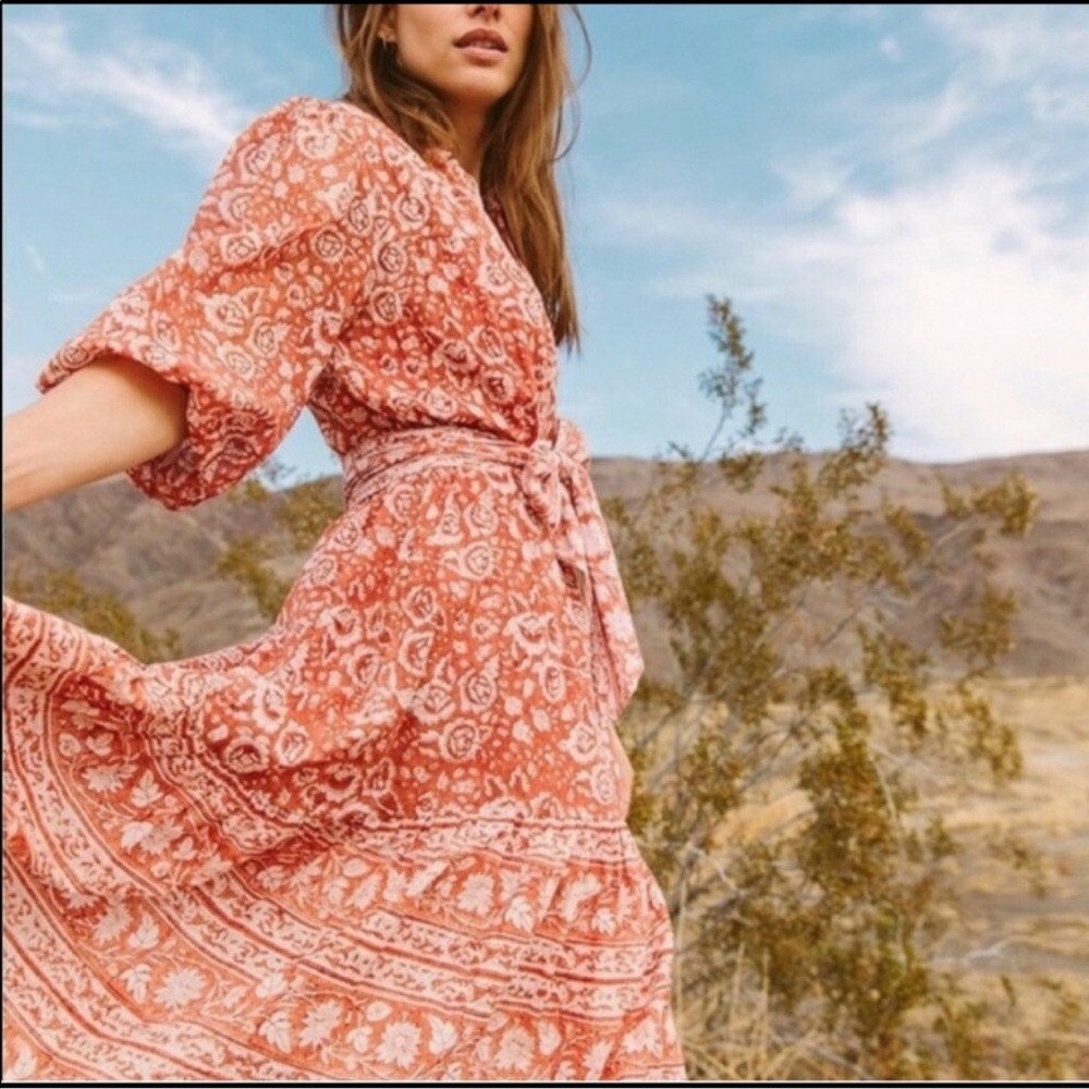 CLEOBELLA Sara India Block Print Floral Belt  Dress M Terracotta Lined
